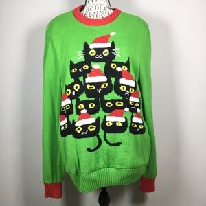 Light up (battery powered) black cats Christmas tree knit not ugly sweater sz L